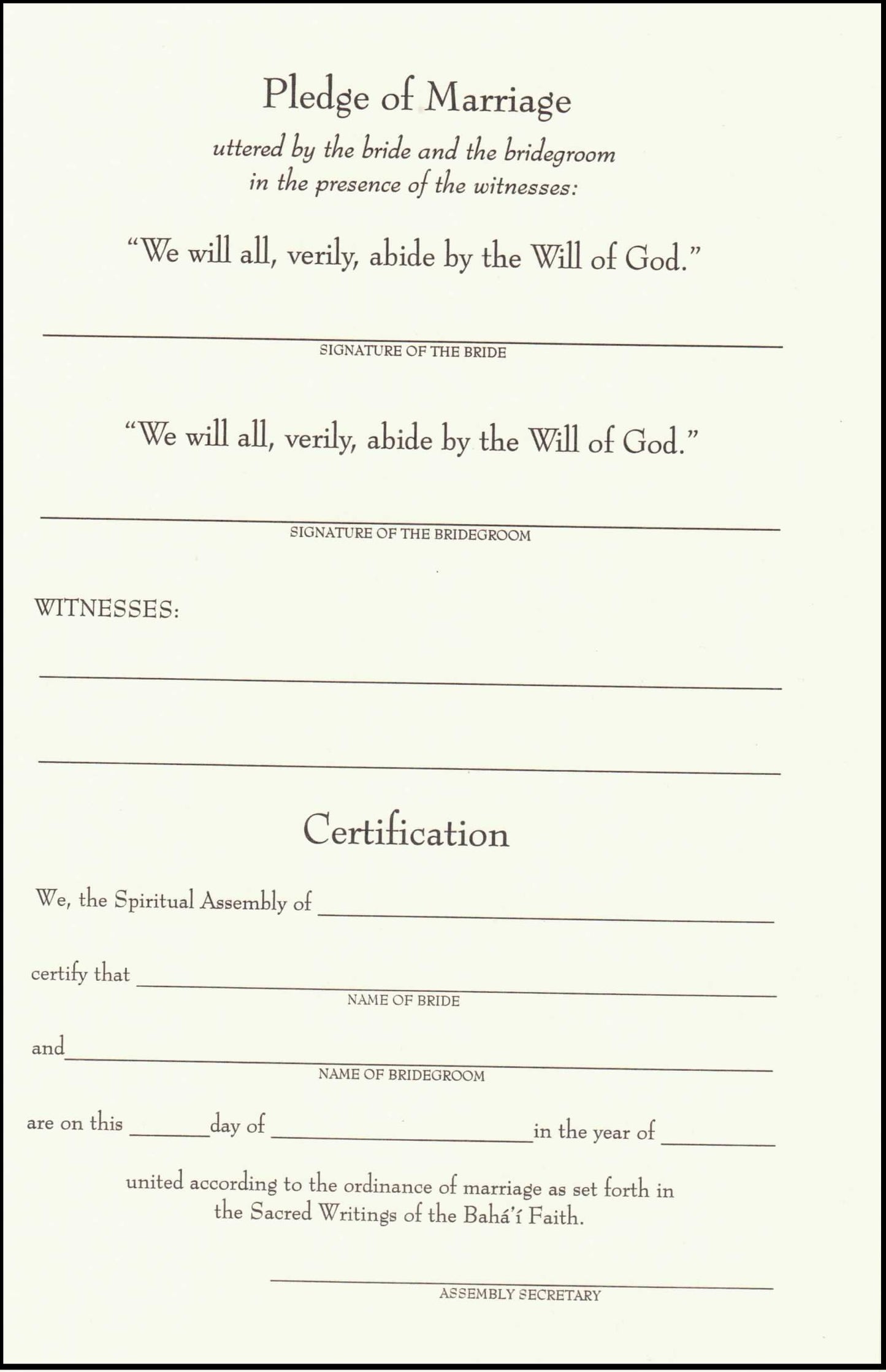 Baha'i Marriage Certificate